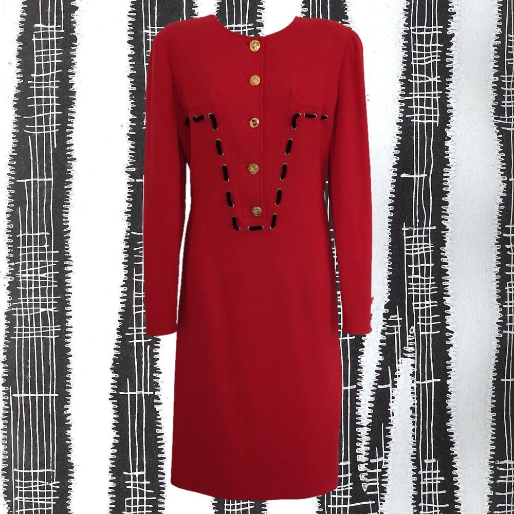 Vintage 80's Red Dress by Valentino Boutique • Gold Astrological Buttons